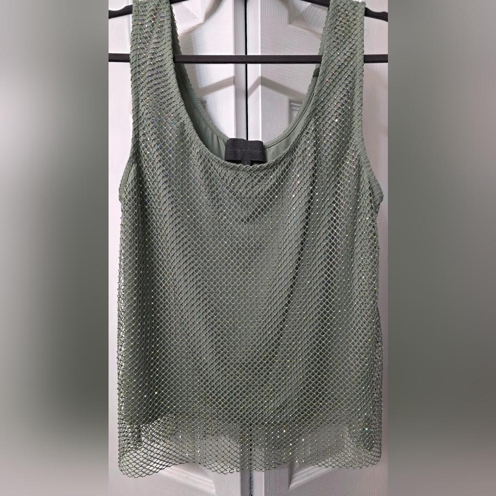 Anthropologie Metallic Green Mesh Tank Top
